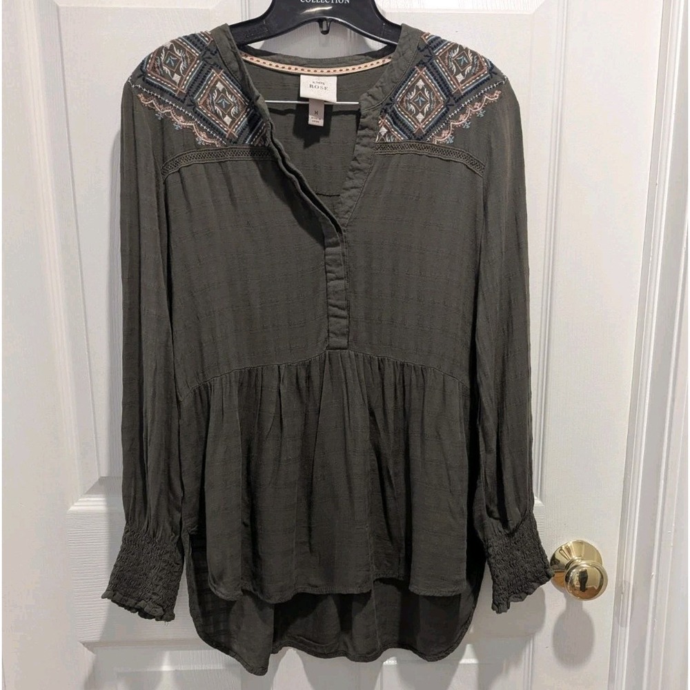 Boho Embroidered Peasant Blouse Olive Rayon Gauze Smocked Top M Festival